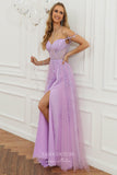 Lavender Lace Applique Prom Dresses with Slit Spaghetti Strap Evening Dress 22041