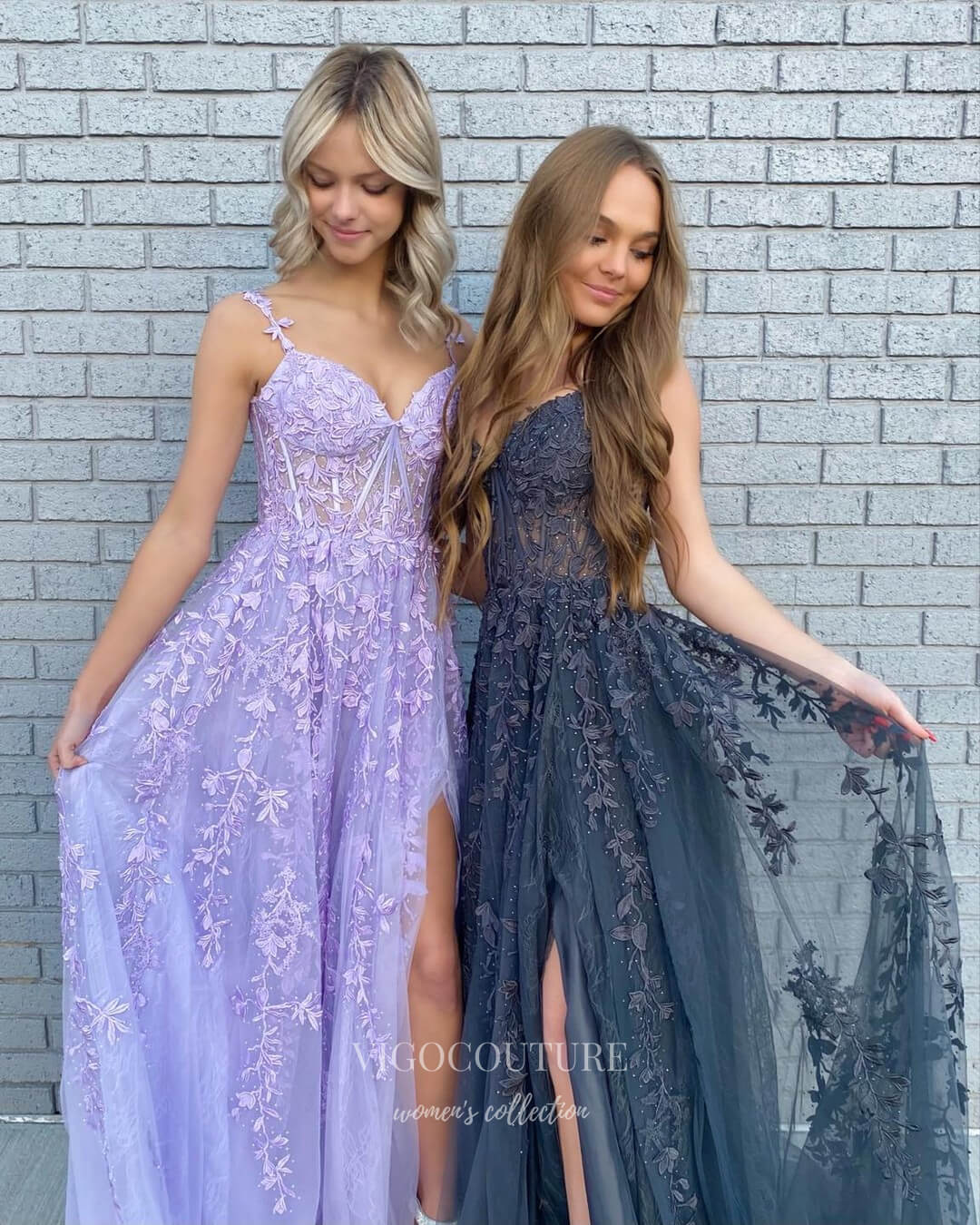 Lavender Lace Applique Prom Dresses with Slit Spaghetti Strap Formal Gown 21879-Prom Dresses-vigocouture-Lavender-US2-vigocouture