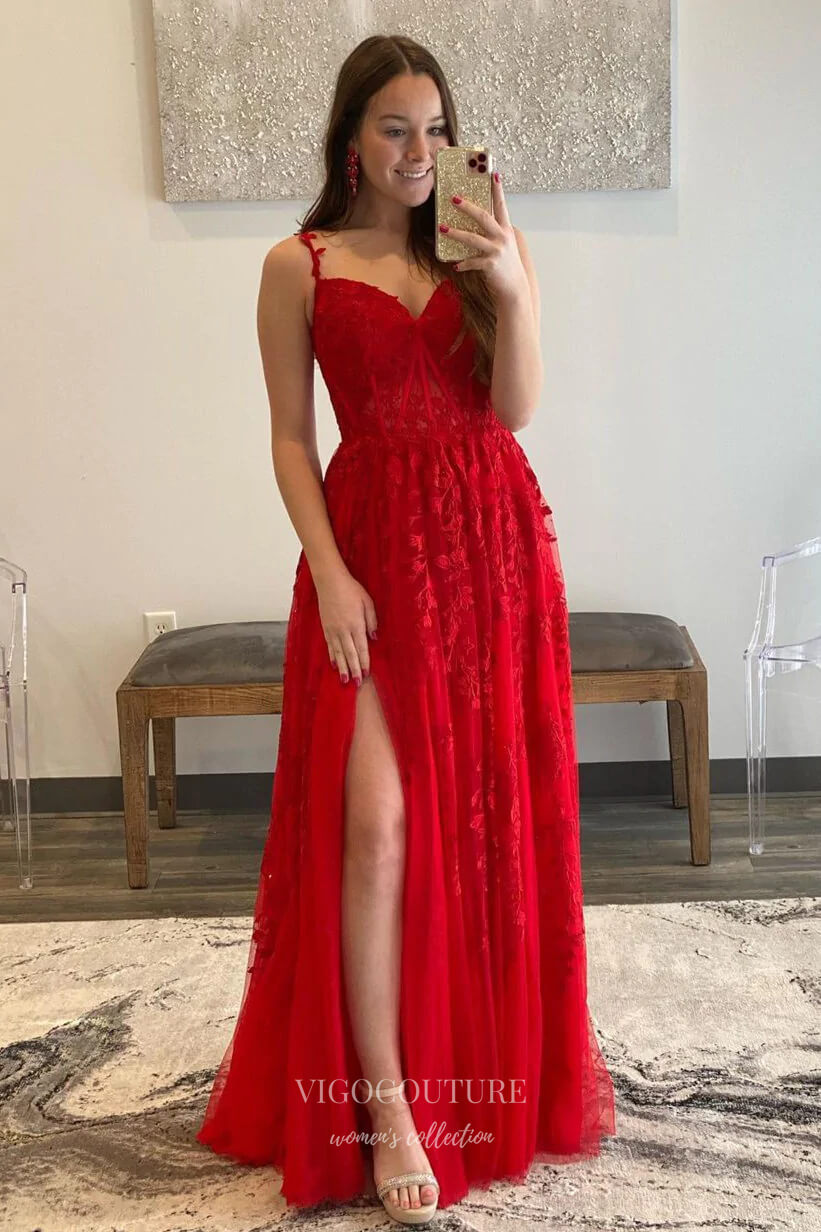 Lavender Lace Applique Prom Dresses with Slit Spaghetti Strap Formal Gown 21879-Prom Dresses-vigocouture-Red-US2-vigocouture