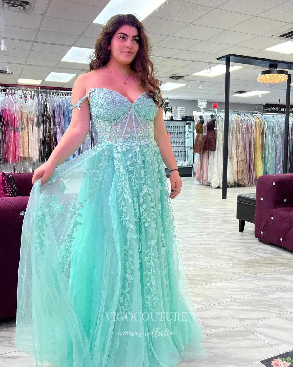 Lavender Lace Applique Prom Dresses with Slit Spaghetti Strap Formal Gown 21879-Prom Dresses-vigocouture-Tiffany-US2-vigocouture