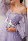 vigocouture-Lavender Long Puffed Sleeve Prom Dresses Pleated A-Line Evening Dress 21686-Prom Dresses-vigocouture-