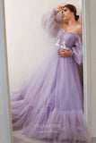 vigocouture-Lavender Long Puffed Sleeve Prom Dresses Pleated A-Line Evening Dress 21686-Prom Dresses-vigocouture-Lavender-US0-