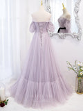 vigocouture-Lavender Off the Shoulder Tulle Puffed Sleeve Prom Dress 20900-Prom Dresses-vigocouture-
