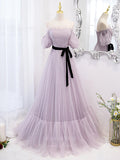 vigocouture-Lavender Off the Shoulder Tulle Puffed Sleeve Prom Dress 20900-Prom Dresses-vigocouture-
