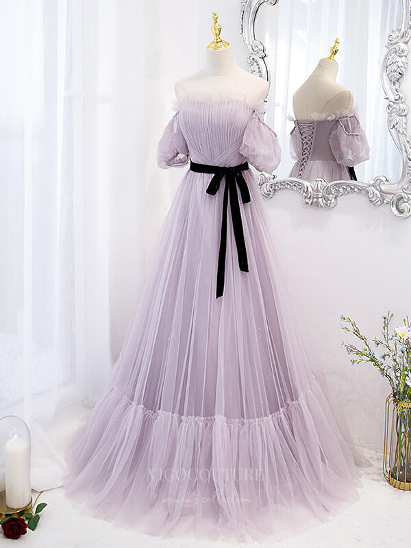 vigocouture-Lavender Off the Shoulder Tulle Puffed Sleeve Prom Dress 20900-Prom Dresses-vigocouture-Lavender-Custom Size-