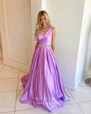 Lavender One Shoulder Prom Dresses Pleated Satin Evening Dress 21899-Prom Dresses-vigocouture-Lavender-US2-vigocouture