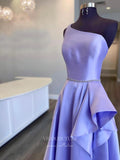 vigocouture-Lavender One Shoulder Prom Dresses Ruffled Satin Evening Dress 21697-Prom Dresses-vigocouture-