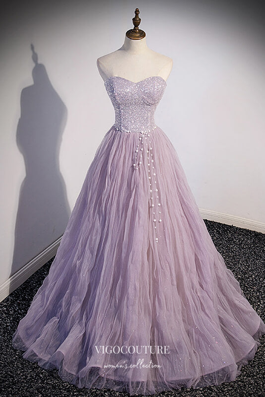 vigocouture-Lavender Pleated Tulle Formal Dress Removable Sleeve Prom Dresses 21676-Prom Dresses-vigocouture-