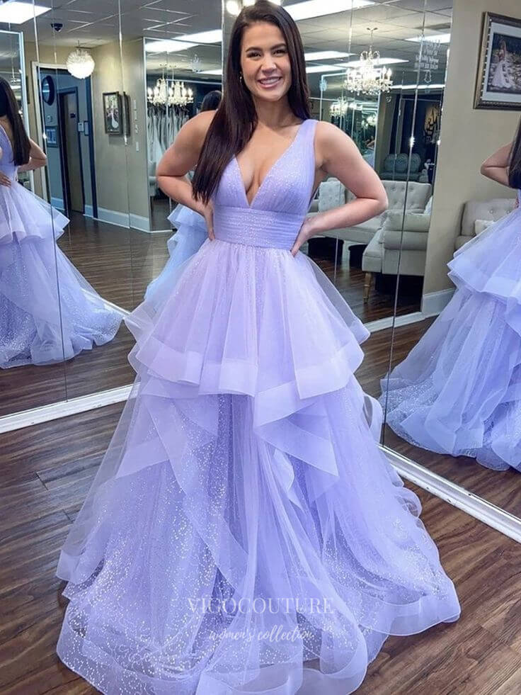 Lavender Ruffled Tulle Prom Dresses Plunging V-Neck Formal Gown 21881-Prom Dresses-vigocouture-Lavender-US2-vigocouture