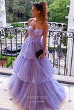 Lavender Ruffled Tulle Prom Dresses Spaghetti Strap Formal Gown 21962
