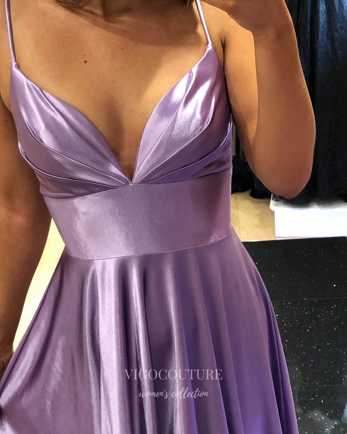 Lavender Satin Prom Dresses with Slit Spaghetti Strap Evening Dress 22023-Prom Dresses-vigocouture-Lavender-Custom Size-vigocouture