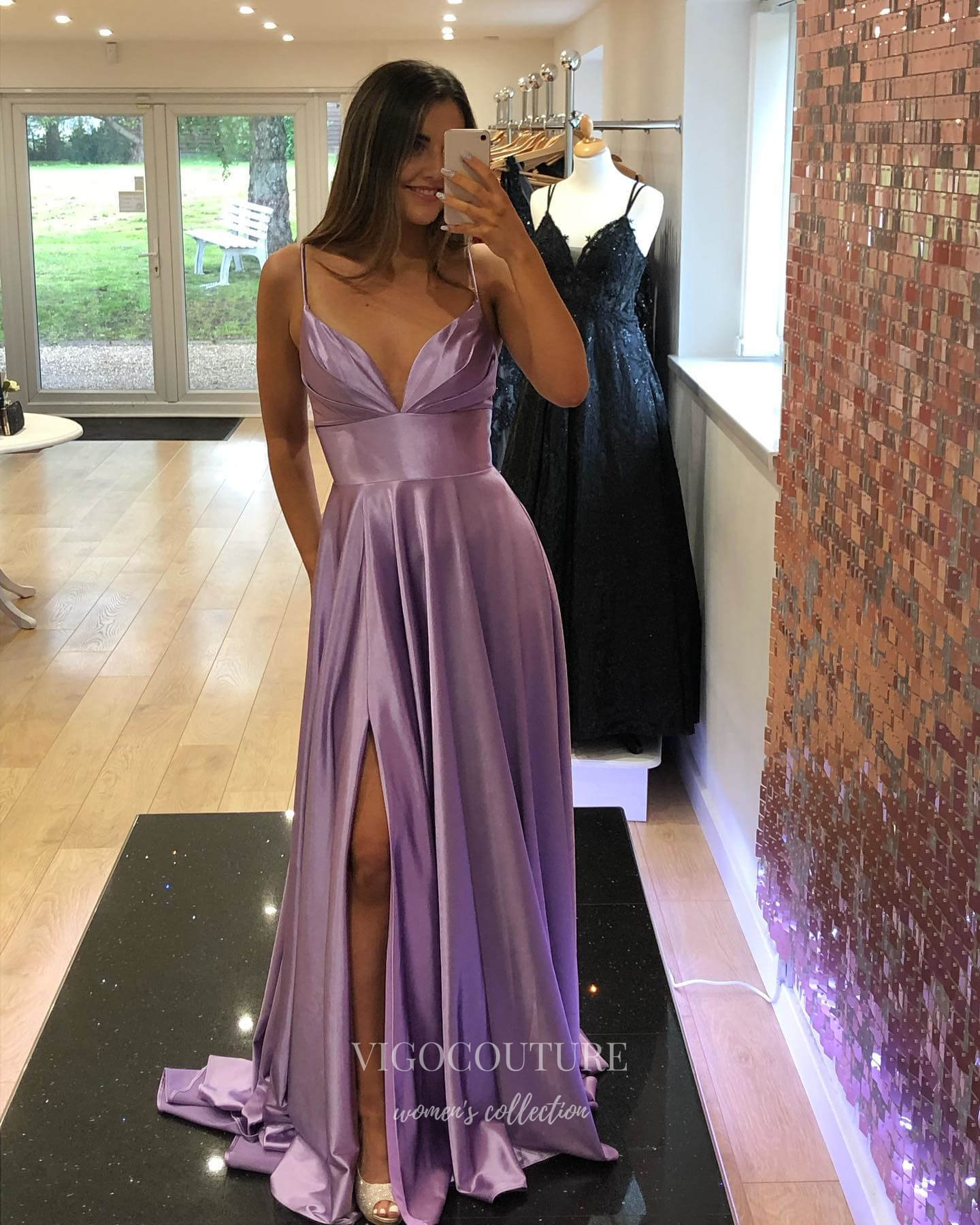 Lavender Satin Prom Dresses with Slit Spaghetti Strap Evening Dress 22023-Prom Dresses-vigocouture-Lavender-Custom Size-vigocouture