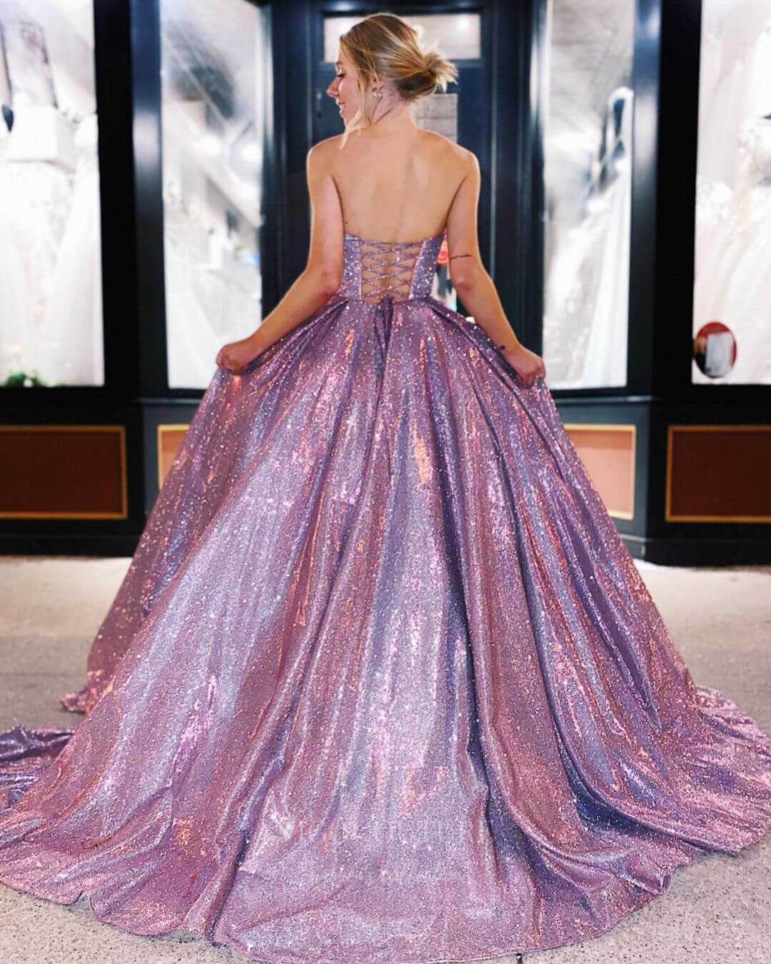 vigocouture-Lavender Sparkly Lace Strapless A-Line Prom Dress 20819-Prom Dresses-vigocouture-