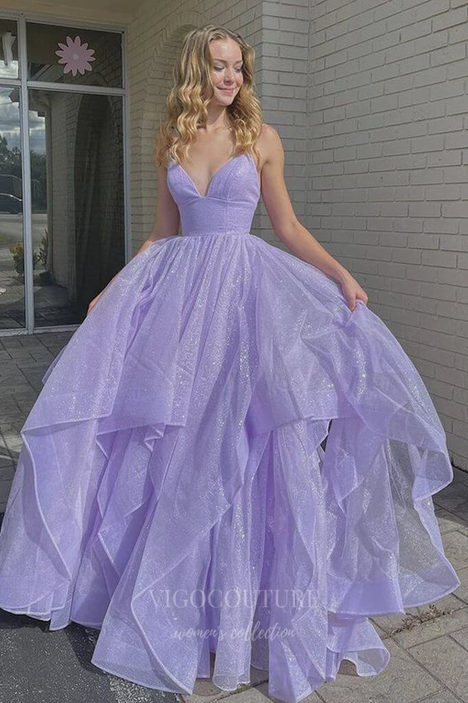 vigocouture-Sparkly Tulle Spaghetti Strap Prom Dress 20386-Prom Dresses-vigocouture-Lavender-US2-