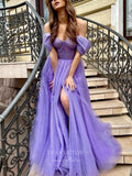 Lavender Sparkly Tulle Prom Dresses With Slit Off the Shoulder Formal Gown 21836-Prom Dresses-vigocouture-Lavender-US2-vigocouture