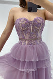 Lavender Strapless Prom Dress with Beaded Lace Applique Bodice and Ruffled Bottom 22251-Prom Dresses-vigocouture-Lavender-US2-vigocouture
