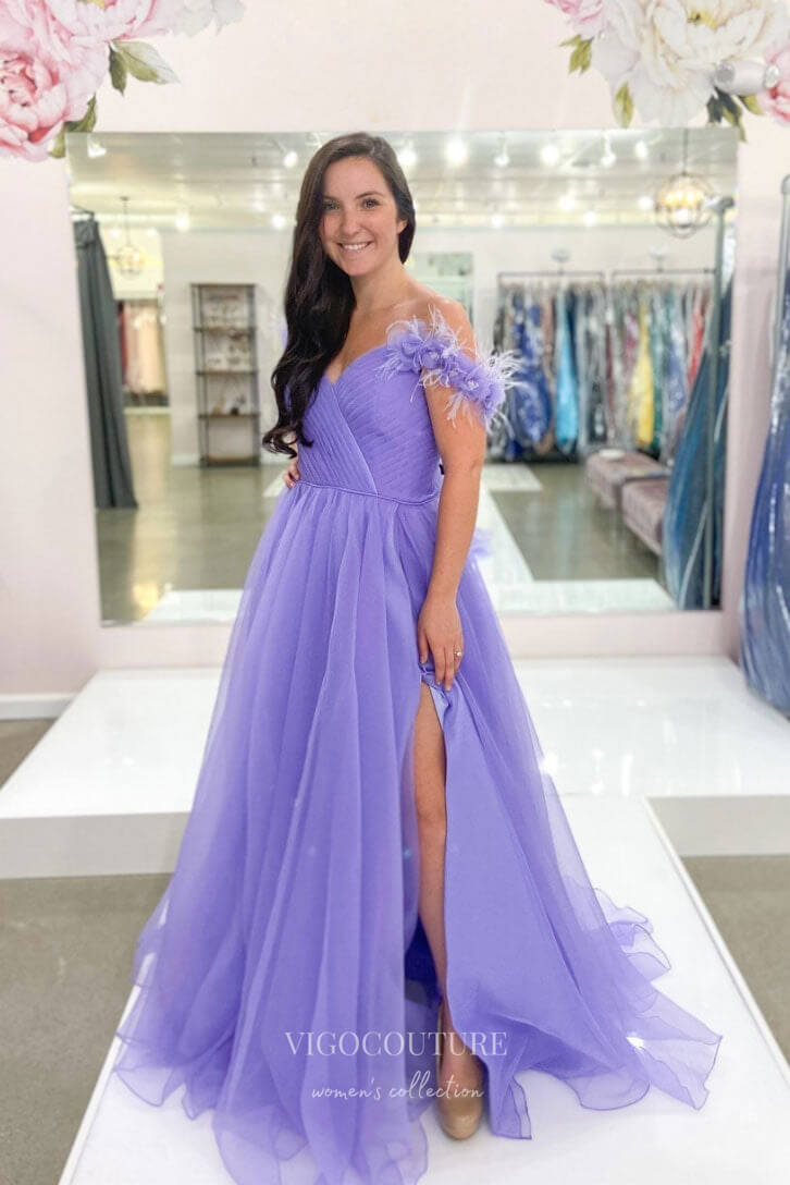 Lavender Tulle Prom Dresses With Slit Off the Shoulder Formal Gown 21857-Prom Dresses-vigocouture-Lavender-US2-vigocouture