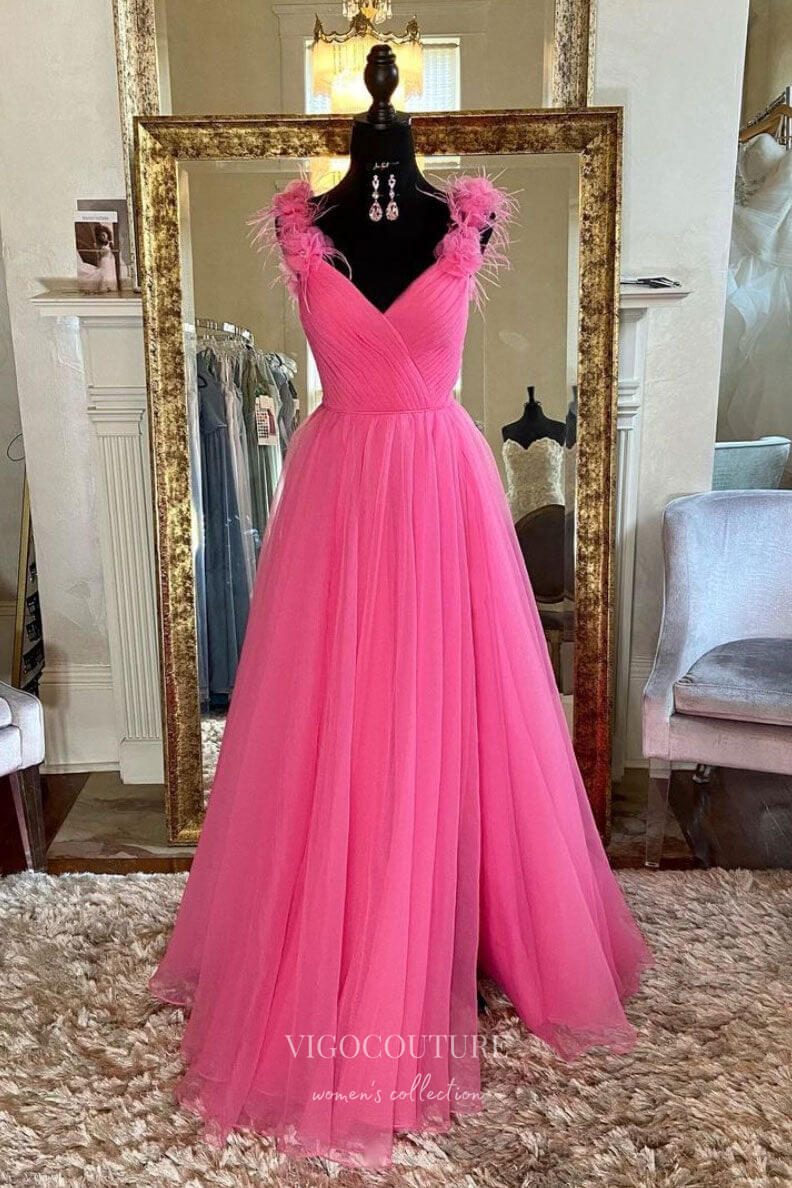 Lavender Tulle Prom Dresses With Slit Off the Shoulder Formal Gown 21857-Prom Dresses-vigocouture-Pink-US2-vigocouture