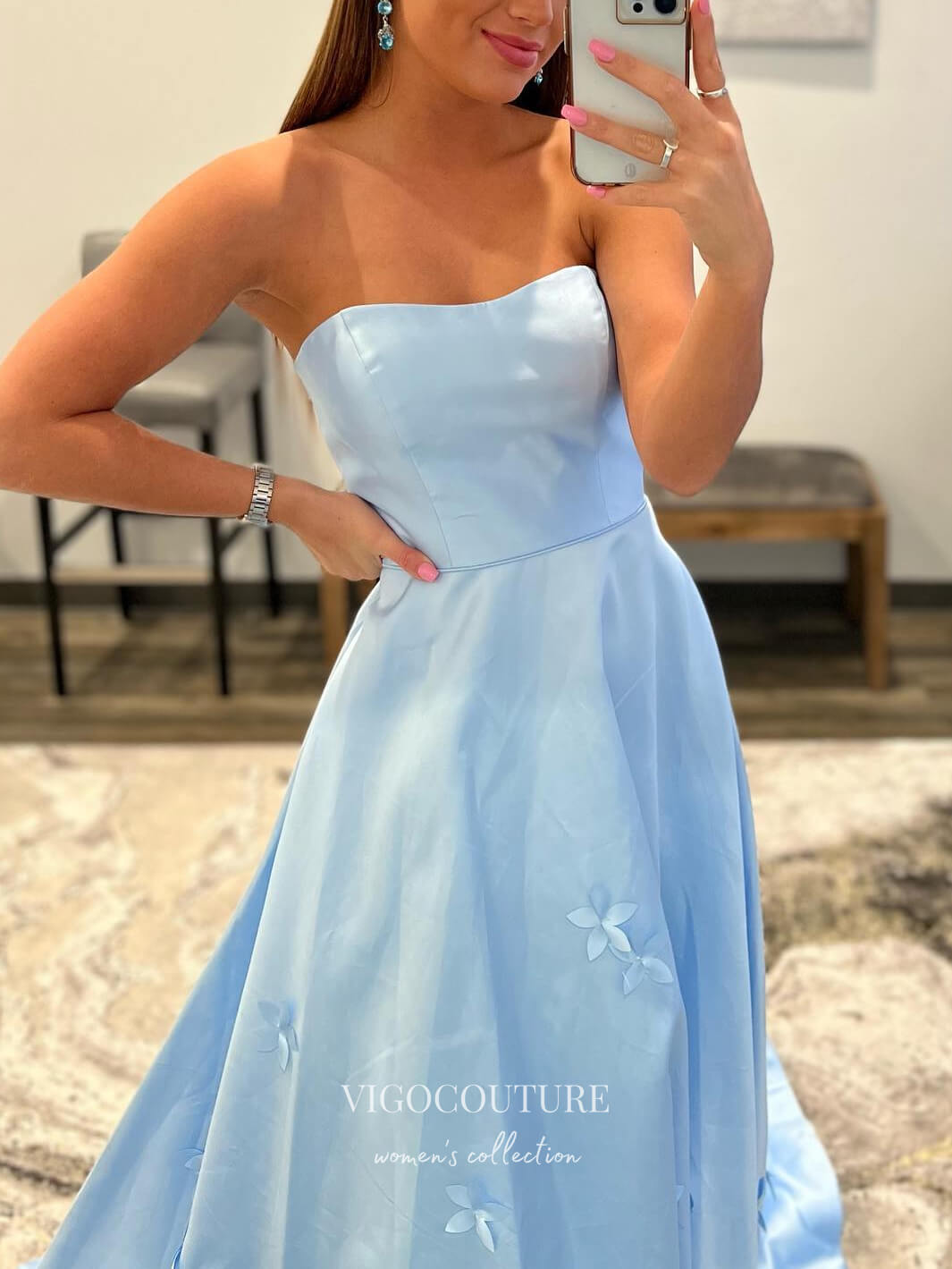 vigocouture-Light Blue 3D Flowers Prom Dresses With Pockets Strapless Evening Dress 21566-Prom Dresses-vigocouture-