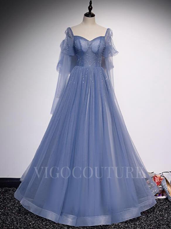 vigocouture-Light Blue Beaded Prom Dress 2022 Long Sleeve Prom Gown-Prom Dresses-vigocouture-Light Blue-US2-