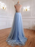 vigocouture-Light Blue Beaded Prom Dresses High Neck Formal Dresses 21287-Prom Dresses-vigocouture-
