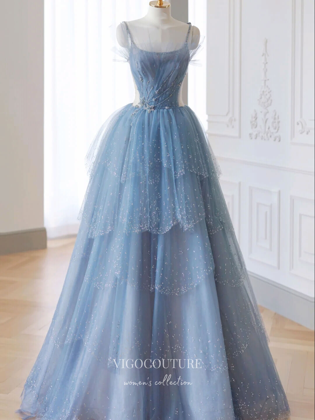 vigocouture-Light Blue Beaded Prom Dresses Spaghetti Strap Formal Dresses 21178-Prom Dresses-vigocouture-
