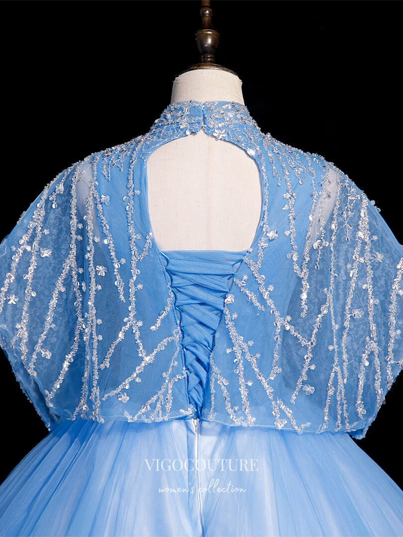 vigocouture-Light Blue Beaded Quinceanera Dresses Bat Sleeve Princess Dresses 21413-Prom Dresses-vigocouture-