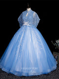vigocouture-Light Blue Beaded Quinceanera Dresses Bat Sleeve Princess Dresses 21413-Prom Dresses-vigocouture-Light Blue-Custom Size-