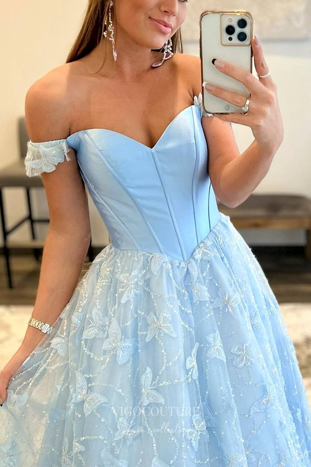 Light Blue Tulle Prom Dresses Off the Shoulder Butterfly Formal Gown 2 –  vigocouture