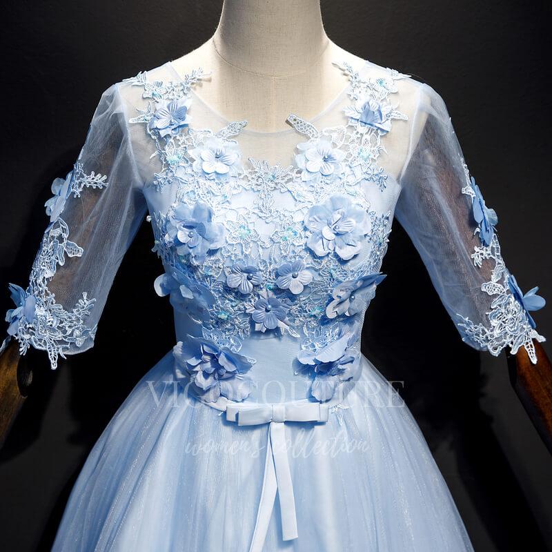 vigocouture-Light Blue Elbow Sleeve Quinceanera Dresses Lace Applique Ball Gown 20416-Prom Dresses-vigocouture-