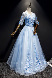Light Blue Elbow Sleeve Quinceanera Dresses Lace Applique Ball Gown 20416
