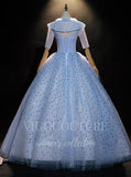 vigocouture-Light Blue Elbow Sleeve Quinceañera Dresses Tiered Ball Gown 20481-Prom Dresses-vigocouture-