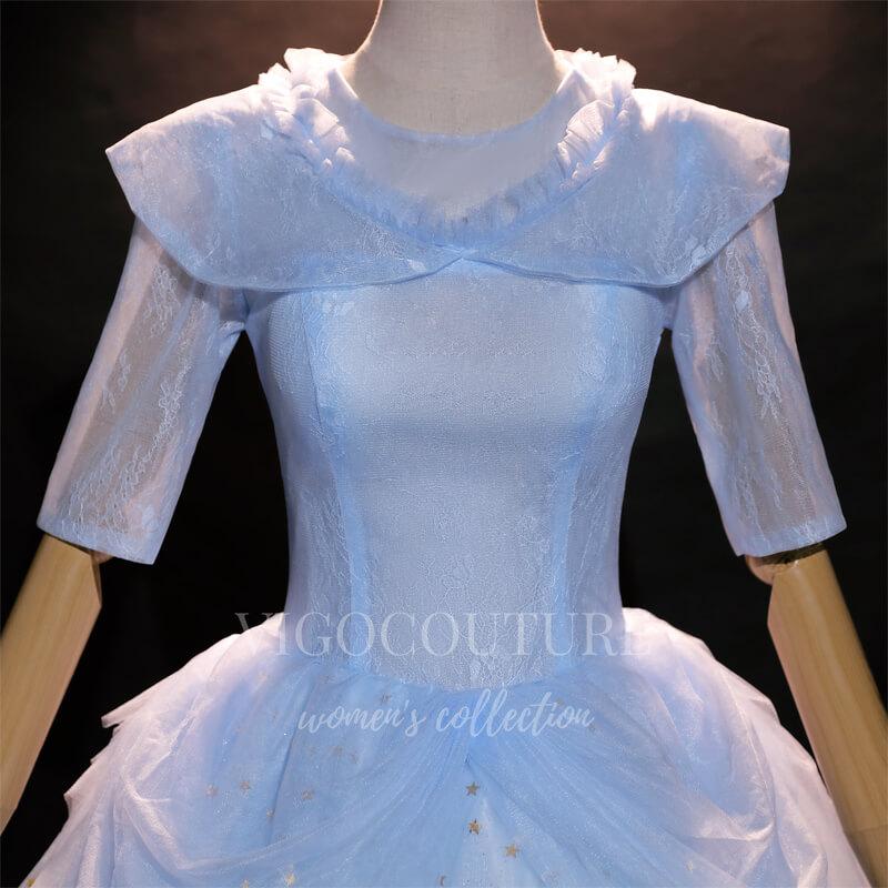 vigocouture-Light Blue Elbow Sleeve Quinceañera Dresses Tiered Ball Gown 20481-Prom Dresses-vigocouture-