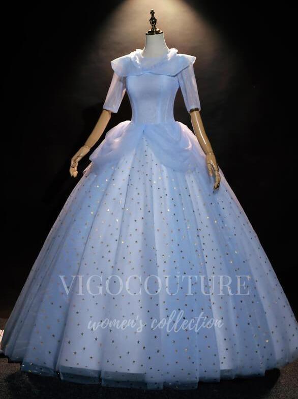 vigocouture-Light Blue Elbow Sleeve Quinceañera Dresses Tiered Ball Gown 20481-Prom Dresses-vigocouture-Light Blue-Custom Size-