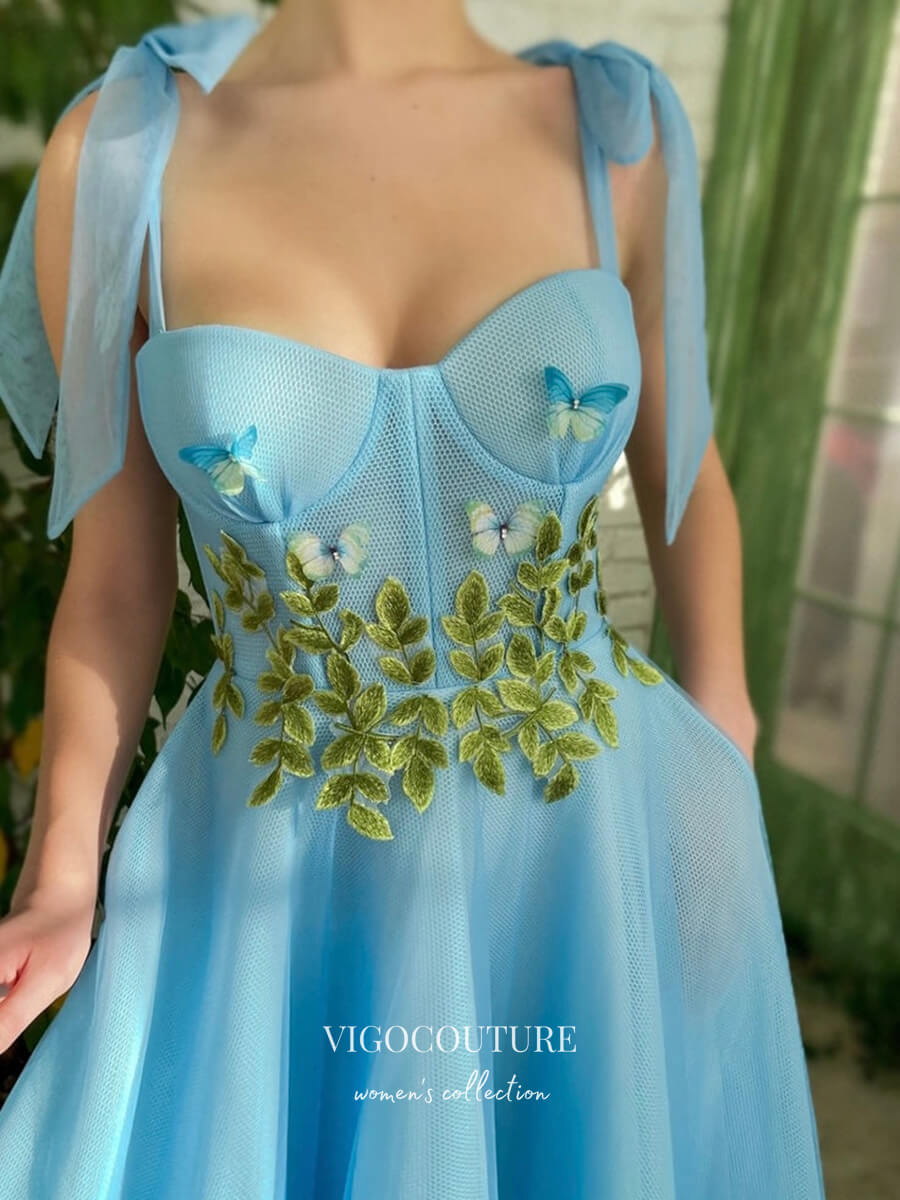 vigocouture-Light Blue Floral Hoco Dresses Spaghetti Strap Maxi Dresses hc161-Prom Dresses-vigocouture-