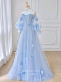 Light Blue Floral Prom Dresses Long Sleeve Formal Dresses 21156