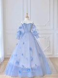 vigocouture-Light Blue Floral Quinceanera Dresses Long Sleeve Sweet 15 Dresses 21163-Prom Dresses-vigocouture-Light Blue-Custom Size-