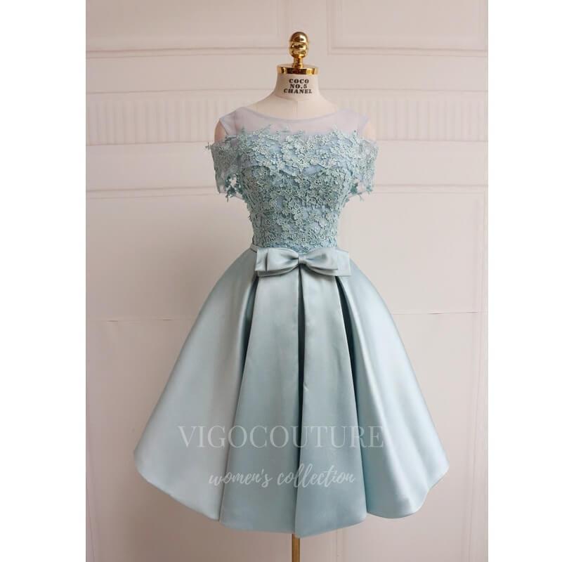 vigocouture-Light Blue Homecoming Dress Pink Satin Lace Hoco Dress hc056-Prom Dresses-vigocouture-Light Blue-US2-