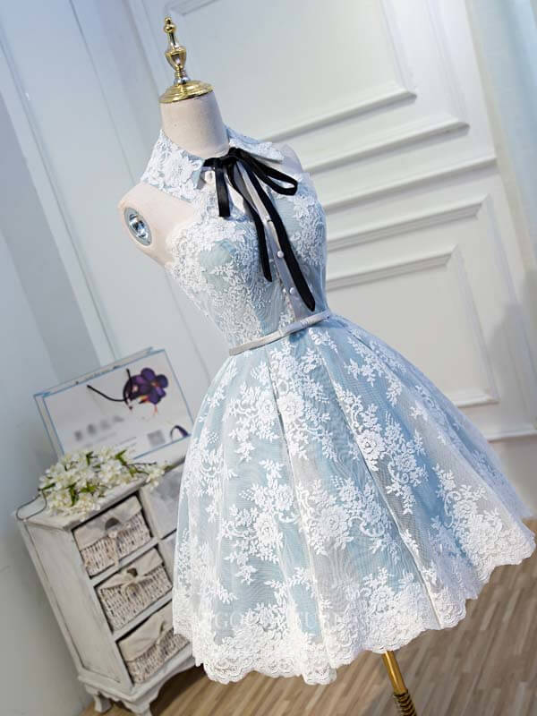 Sky Blue V-Neck Lace-Up Homecoming Dress with Appliques gh1779 –  girlhomeshops