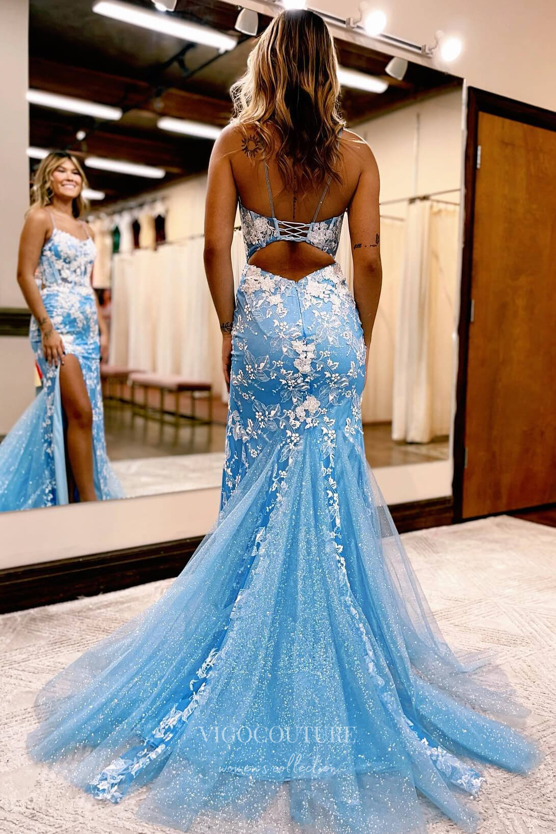 Light Blue Lace Applique Prom Dress with Slit and Spaghetti Strap 22181-Prom Dresses-vigocouture-Light Blue-Custom Size-vigocouture
