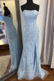 vigocouture-Light Blue Lace Applique Prom Dress With Slit Strapless Mermaid Evening Dresses 20595-Prom Dresses-vigocouture-