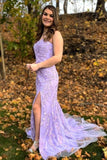 vigocouture-Light Blue Lace Applique Prom Dress With Slit Strapless Mermaid Evening Dresses 20595-Prom Dresses-vigocouture-Lavender-US2-