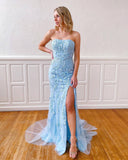 Light Blue Lace Applique Prom Dress With Slit Strapless Mermaid Evening Dresses 20595