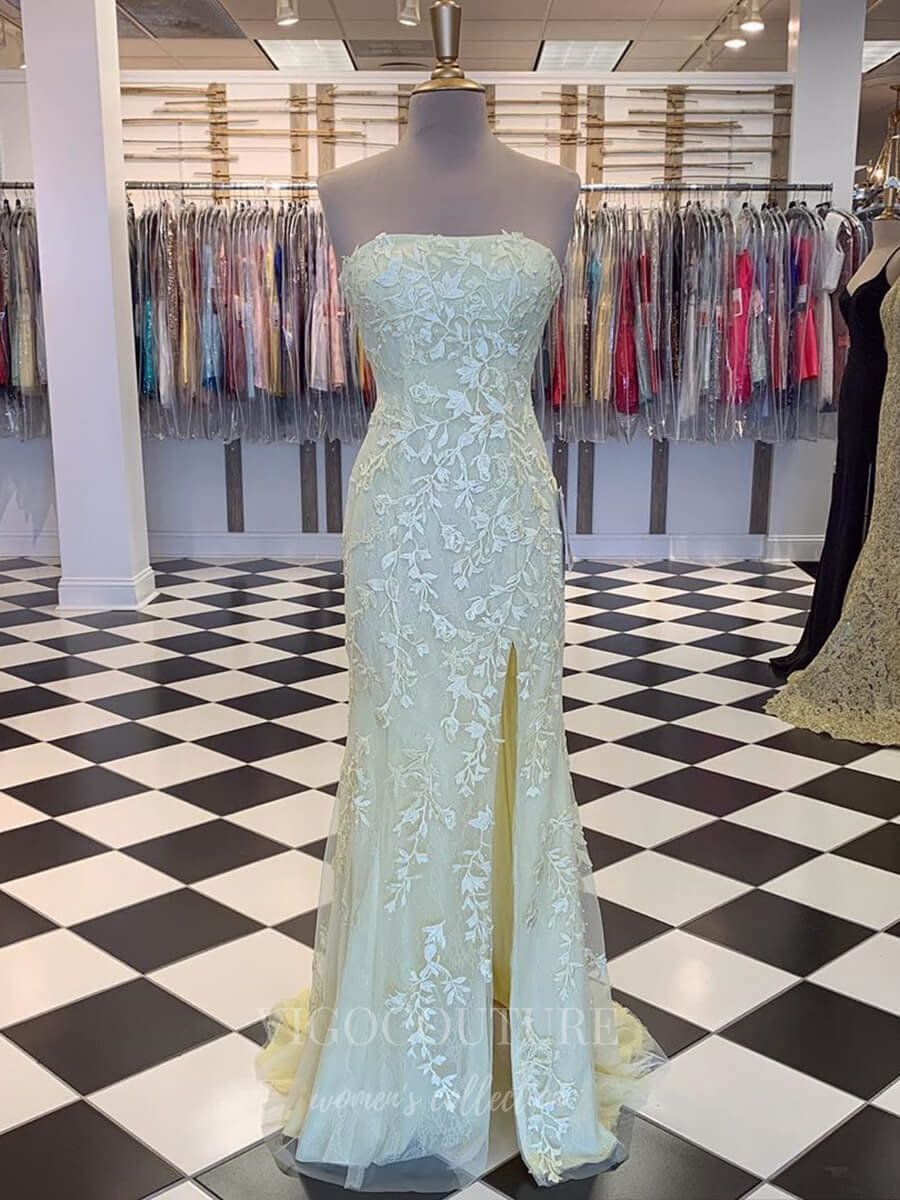 vigocouture-Light Blue Lace Applique Prom Dress With Slit Strapless Mermaid Evening Dresses 20595-Prom Dresses-vigocouture-Yellow-US2-
