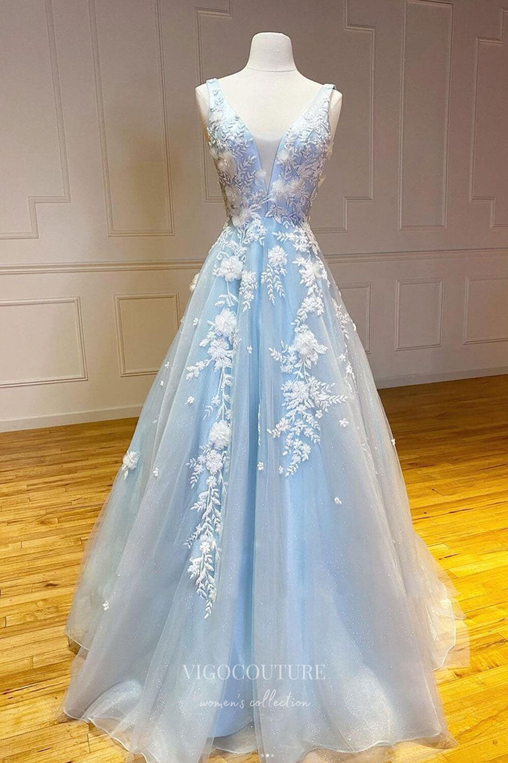 vigocouture-Light Blue Lace Applique Prom Dresses 3D Flower Plunging V-Neck Evening Dress 21730-Prom Dresses-vigocouture-Light Blue-US2-