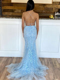 vigocouture-Light Blue Lace Applique Prom Dresses Mermaid Two-Piece Evening Dress 21761-Prom Dresses-vigocouture-