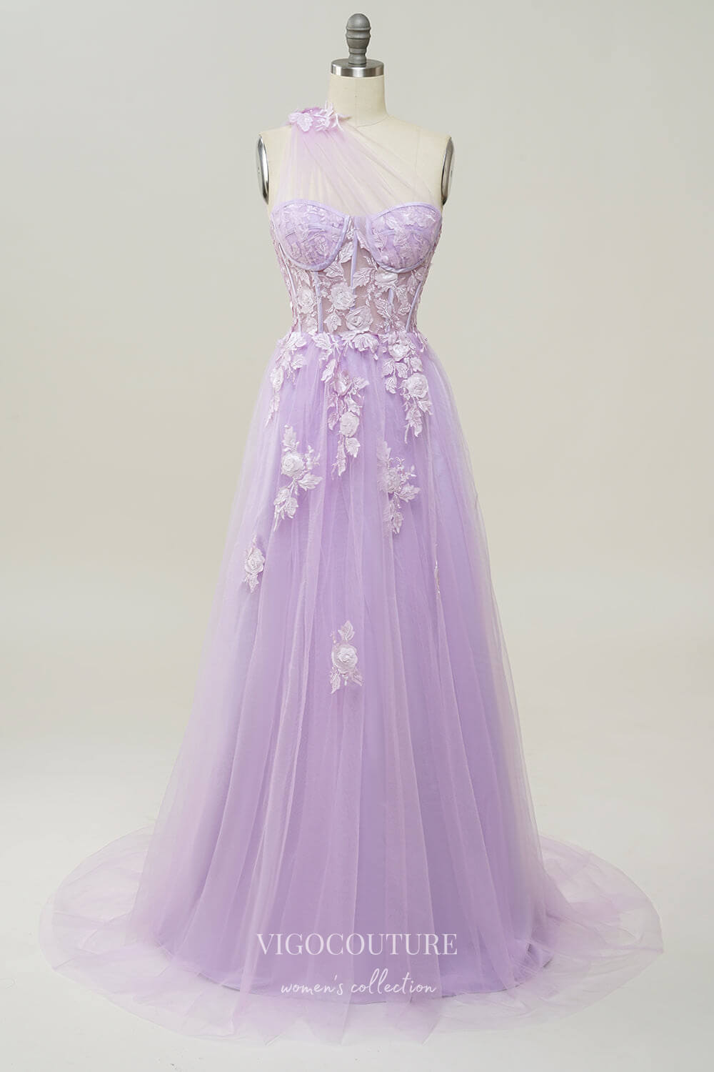 Light Blue Lace Applique Prom Dresses One Shoulder Formal Dress 22050-Prom Dresses-vigocouture-Lilac-Custom Size-vigocouture