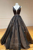vigocouture-Light Blue Lace Applique Prom Dresses Plunging V-Neck Evening Dress 20928-Prom Dresses-vigocouture-Black-US2-