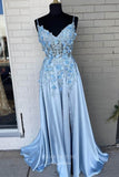 Light Blue Lace Applique Prom Dresses Spaghetti Strap Formal Dress 21961-Prom Dresses-vigocouture-Light Blue-US2-vigocouture