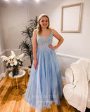 Light Blue Lace Applique Prom Dresses Spaghetti Strap Formal Dress 22005